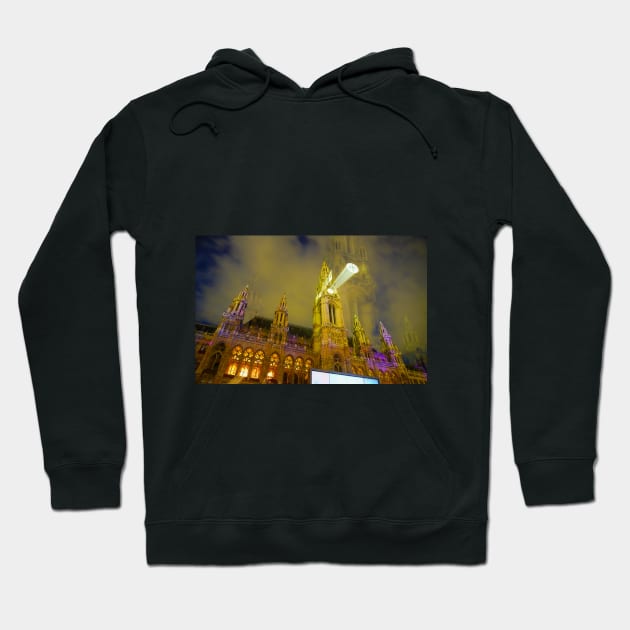 Gothic effect, double image and zoom blur effect creating erie impressionist image of towm hall or Rathaus in Vienna., Austria. Hoodie by brians101